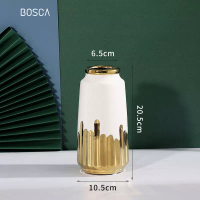 Bosca Living Bosca Living - Vas Putih Gold Motif Garis / Vas Gold Kramik / Pot Bunga Gold / Vas Bunga Gold Luxury-Small