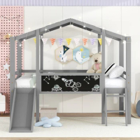 House shape Twin Size Loft Bed with Ladder and Slide,House Bed with Blackboard and Light Strip on the Roof,For Kids Bedroom