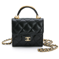 【CHANEL 香奈兒】經典雙C LOGO小羊皮迷你鍊帶手提/斜背包(黑金)