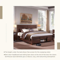 Queen Size Bed Frame, Sliding Barn Door Storage Cabinets, Solid Wood Slats Support and Headboard, Queen Size Bed Frame