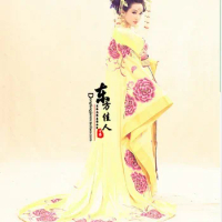 Delicate Embroidery Yellow Empress Costume with Long Tail TV Play Legend of Chinese Empress Wu Meiniang Tang Costume Hanfu