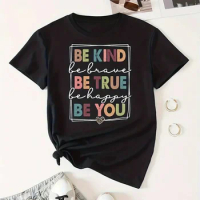 Bekind Letter Printed Women's T-shirt Slogan Print Short Sleeve Round Neck Casual T-shirt Slight Str