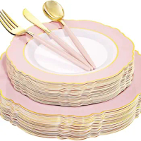 30Guest Pink Plastic Plates &amp; Gold Plastic Silverware With Pink Handle-Baroque Pink &amp;Gold Plastic Dinnerware for wedding