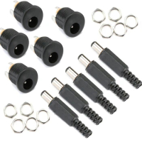 10Pcs (5Pair) 12V 3A DC Power 5.5x2.1mm Male Plugs Connector DC Power Socket Female Jack Screw Nut Panel Mount Adapter 5.5*2.1mm
