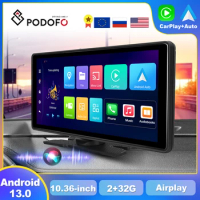 Podofo 10.36" Carplay Monitor Android Auto Car DVR Dashboard Recorder Suppport Rear Camera With Voice Control