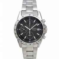 【SEIKO 精工】日本國內販售款 三眼計時手錶-黑面X銀色/38mm(SBTQ041)