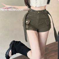 Streetwear Woman Denim Shorts Fashion Sexy High Waist Short Jeans OOTD Stretch Khaki Armygreen Black Bottom Y2K Belt Big Pocket