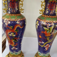 60CM A pair Chinese Palace Dragon and Phoenix Totem Lion Base Cloisonne Vase Statue
