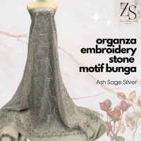 {HARGA SETENGAH METER} Bahan Kain Organza Bordir Payet Stone Two Tone Motif Bunga Warna Ash Sage Sil