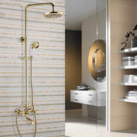 Shower Faucets Gold Brass Bathroom Shower Mixer Tap Faucet Set Rain Shower Head Round Wall Mounted Bathtub Faucet agf394