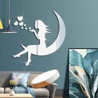 3D Love Heart Girls Moon Mirror Wall Stickers Creative Acrylic Waterproof Self-adhesive Wall Decals Mural DIY Home Decoration
