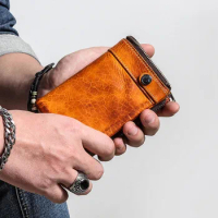 Men's short leather wallet, student retro zipper wallet, vertical leather men's wallet