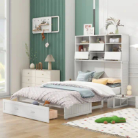 Queen Size Murphy Bed with Bookcase,2 Bedside Shelves and a Big Drawer,Multiple Storage Design Queen Murphy Bed,Easy Assembly