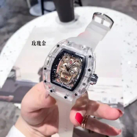 2024 RM Diamond-encrusted Clear Alloy Carved Skull 3-pin Function Automatic AAA Quartz Watch Titanium Buckle Transparent Shell