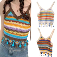 Women Crochet Knit Sleeveless Crop Top Ethnic Colorful Striped Beach Cami Vest