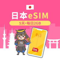 【173一起上網】日本eSIM 5天每日2GB高速流量 降速吃到飽