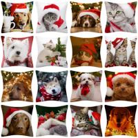 Christmas Throw Pillowcase Cute Animals Cat Dog Holiday Home Decoration Pillows Cover Single-side Prints Sofa Bed Cushion Cover