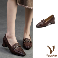【Vecchio】真皮跟鞋 方頭跟鞋/全真皮羊皮小方頭印花馬銜扣飾高跟鞋(棕)