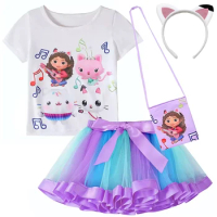 LZH Gabby Dollhouse Girls Clothes Kids Halloween Carnival Cosplay Costume Sets Summer Tops+Bow Skirt+Bag Children Clothing Suit