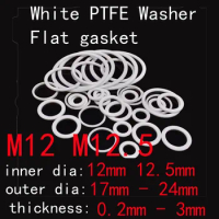 M12 M12.5 White PTFE Flat Washer Round Gasket Spacer Sealing Ring 12mm 12.5mm Inner Diameter 17mm-24mm OD 0.2mm-3mm Thickness