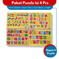 Mainan Edukasi Anak Paket Puzzle Kayu Isi 1/2/3/4 Pcs Huruf Hijaiyah Arab Huruf Besar Kecil Angka 0-