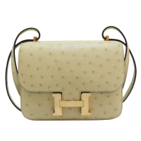 【二手名牌BRAND OFF】HERMES 愛馬仕 羊毛白色 鴕鳥皮 Constance 19 康康包 肩背包 金扣 Z刻
