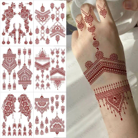 Hình giả hoa tay chống nước cho phụ nữ, nhãn dán henna màu đỏ, hình xăm tạm thời dùng một lần