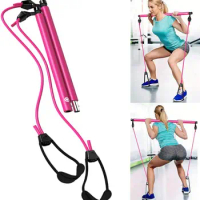 Portable Pilates Bar Kit with Adjustable Resistance Band for Different Height, Home Gym Exercise Stick Yoga Bar with Foot Loop