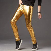 Gold Metallic Pu Leather Motorcycle Pants Men Skinny Tights Disco Party Halloween Trousers Stage Dancer Prom