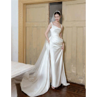 預購 女神婚紗禮服 珍珠光澤新娘法式小拖尾禮服 獨白(簡約 緞面 輕婚紗 洋裝 白色)