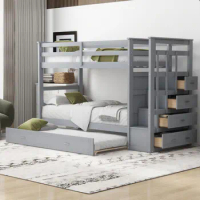 Twin Over Twin Bunk Bed,Functional Bunk Bed,Kids bed with Storage Drawers,Trundle and Staircase,suitable for any bedroom,Gray