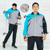 Stelan seragam jaket celana training olahraga one set jogging gym bahan parasut mikro