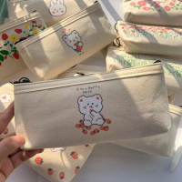 Cute Bear Canvas Pencil Case Pen Bag Korean Stationery For School 2023 Student Cases Bags Office Supplies
