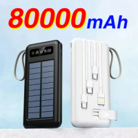 Solar Power Bank 80000mAh Solar Battery Large Capacity Two-way Fast Charging Built-in Cable Power Bank External Battery