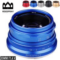 RISESPRAY 35mm F1.6 V APS-C Prime Lens for Sony E A6600 6500 Fuji XF Canon EOS-M M50 Panasonic/Olympus Micro 4/3 Blue