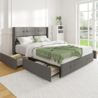 King Size Bed Frame Platform with 4 Storage Drawers and Fabric Headboard, Non-Slip and Noise-Free King Bed Frame