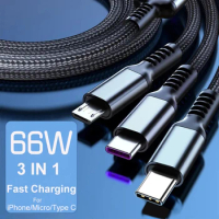 66W USB Fast Charging 3 in 1 Cable For iPhone Xiaomi Redmi POCO Huawei OPPO Samsung Mobile Phones Accessories USB Charger Cable