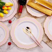 WDF 30Guest Pink Plastic Plates &amp; Gold Plastic Silverware With Pink Handle-Baroque Pink &amp;Gold Plastic Dinnerware