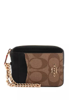 COACH Zip Card Case In Signature Canvas - Tan Brown/Black