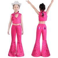 Fashion Cowgirl Outfit 70s 80s Hippie Disco Costume Pink Flare Pant Hat Halloween Party Cosplay For Adult Women Little Girls