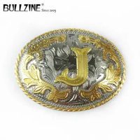 The Bullzine western flower with letter "J" belt buckle with silver and gold finish FP-03702-J for 4cm width snap on belt