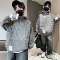 【UniKids】現貨 中大童裝長袖連帽外套 拼接夾棉套頭上衣 男大童裝女大童裝 VP23075(紫 灰)