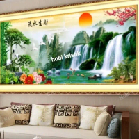 Paket kristik pemandangan ikan koi rusa bangau waterfall cross stitch