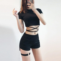 短褲腿環兩件套夏季腿環ins高腰緊身短褲女+小心機綁帶黑色t