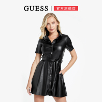 【GUESS】性感修身鈕扣皮革短袖洋裝(黑)