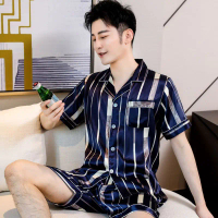 High-end men's summer pajamas, ice silk short-sleeved long pants, thin silk pajamas, spring and autu