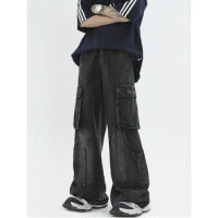 2024 Women Baggy Long Jeans Harajuku Black Wide Leg Trousers Streetwear Vintage High Waist Denim Pants Big Pocket Y2k Feamle