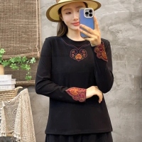 2024 chinese national t-shirt woman traditional flower embroidery shirt vintage hanfu tops ethnic improved o-neck base shirt