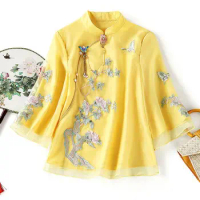 Cheongsam Women's Plus Size Hanfu Tops 2023 New Chiffon Embroidery Splicing Chinese Style Retro Tang Costume Qipao blouse Woman