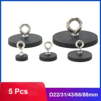 5Pcs D22/31/43/66/88mm Round Rubber-Coated Magnet Hook Strong Neodymium Magnets Fishing Rubber Coated Lifting Ring Magnets Hooks